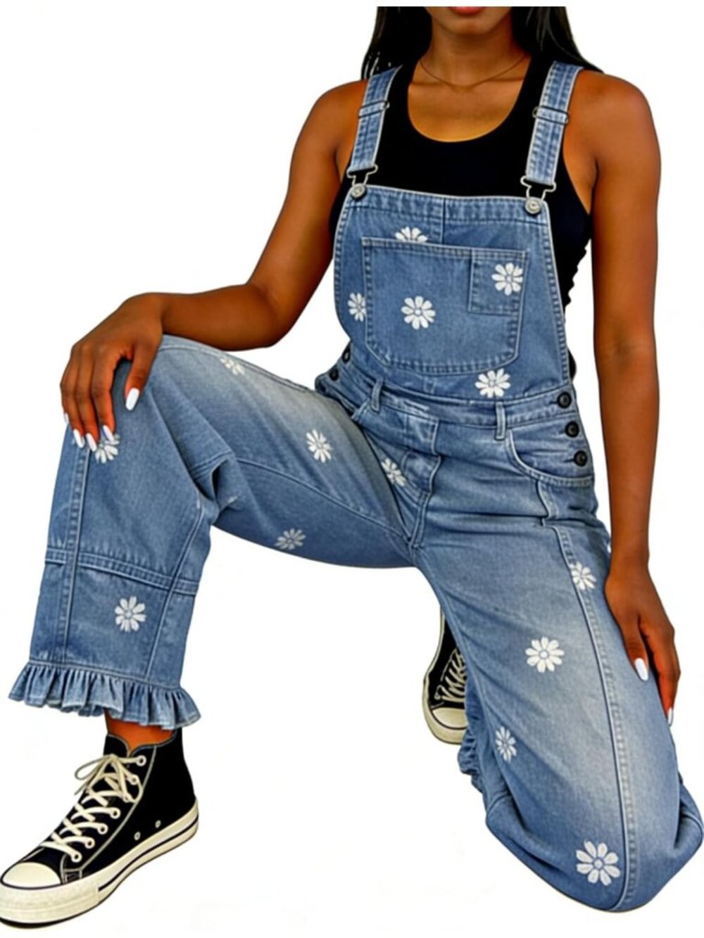 Women's Blue Floral Denim Overalls Baggy Patchwork Barrel Jeans Jumpsuit Floral - Picture 3 of 7